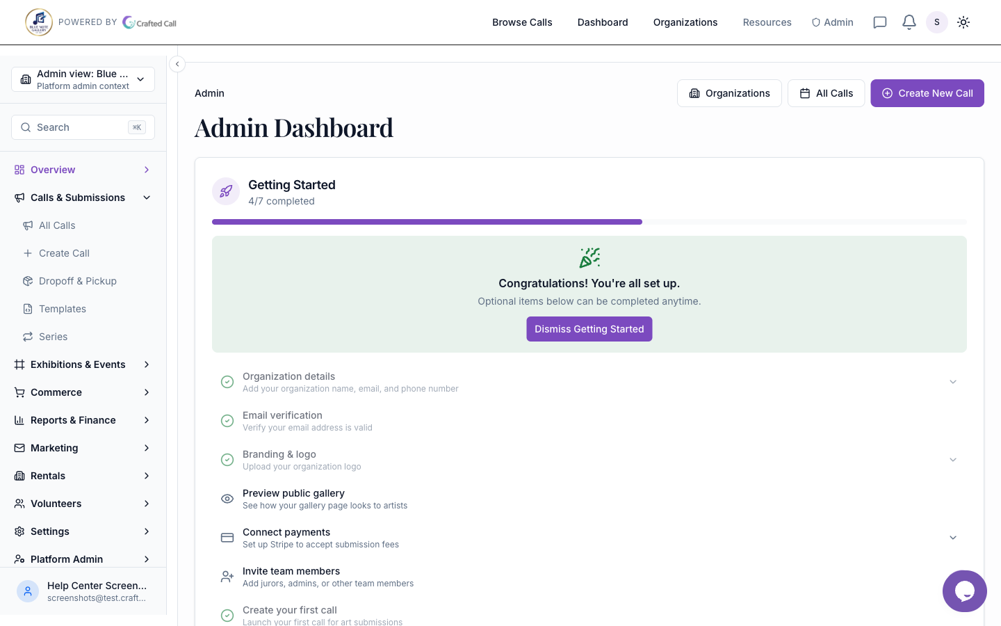 Admin dashboard showing submission counts, revenue charts, and recent activity feed