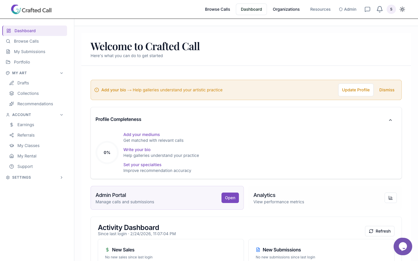 Artist dashboard showing submitted works, current statuses, and exhibition invitations