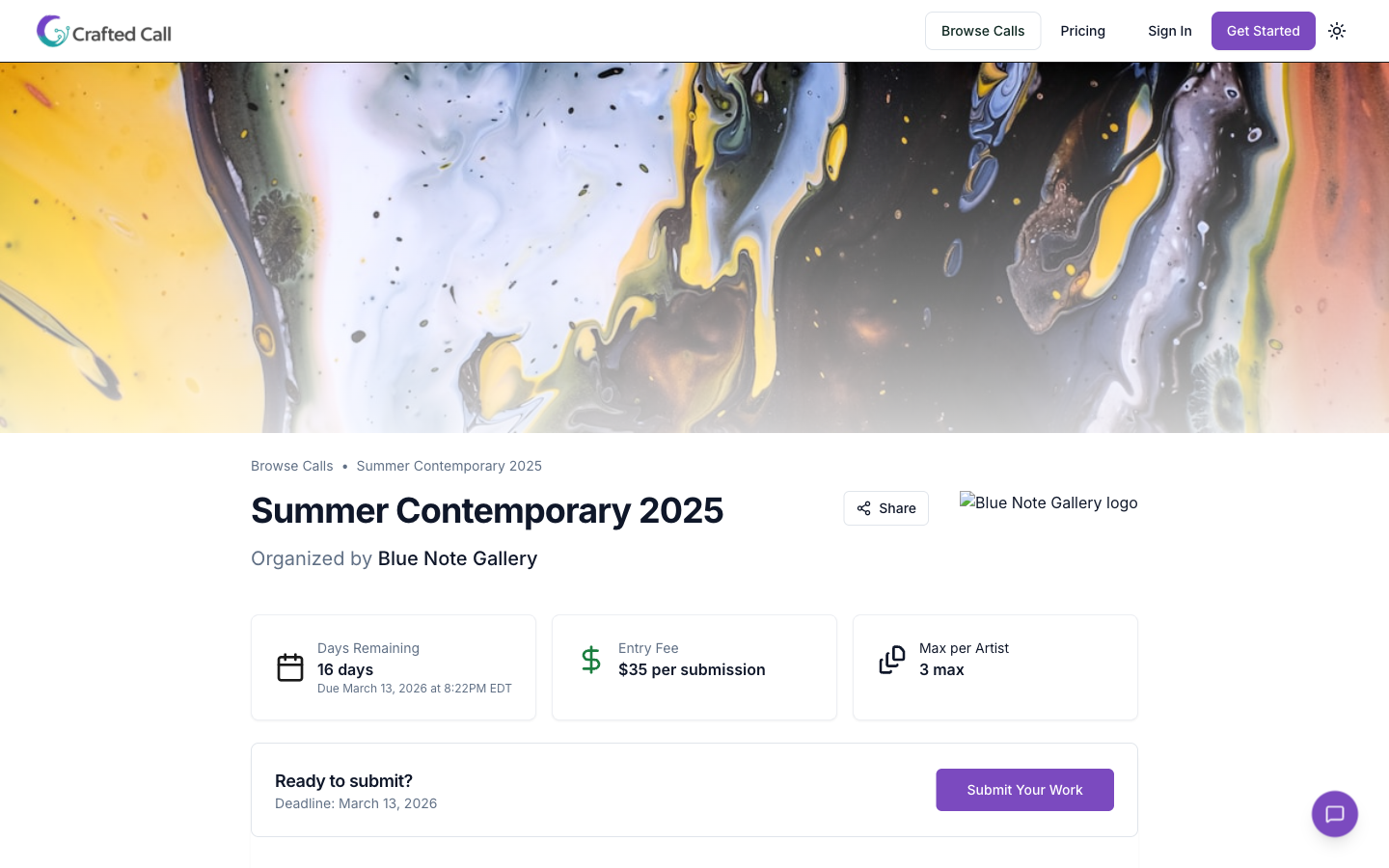 Call detail page showing open call information, deadline, and submission requirements
