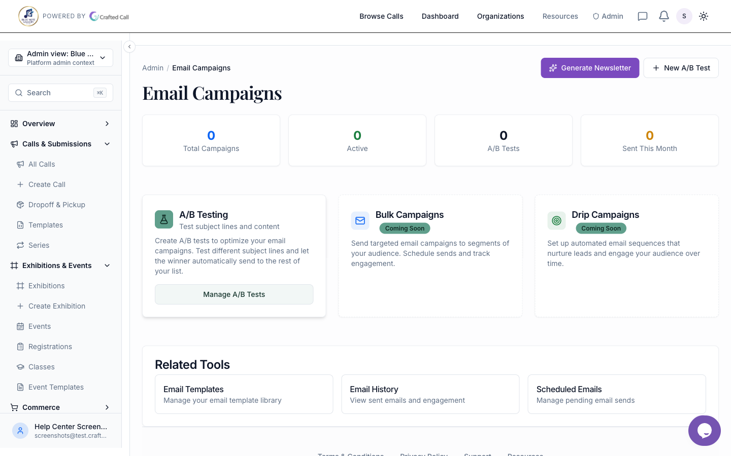 Email campaign builder showing a drag-and-drop editor with call announcements and gallery news