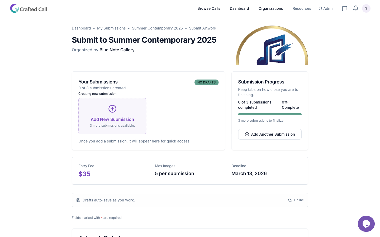 Submission form showing image upload, artist statement, and fee payment fields