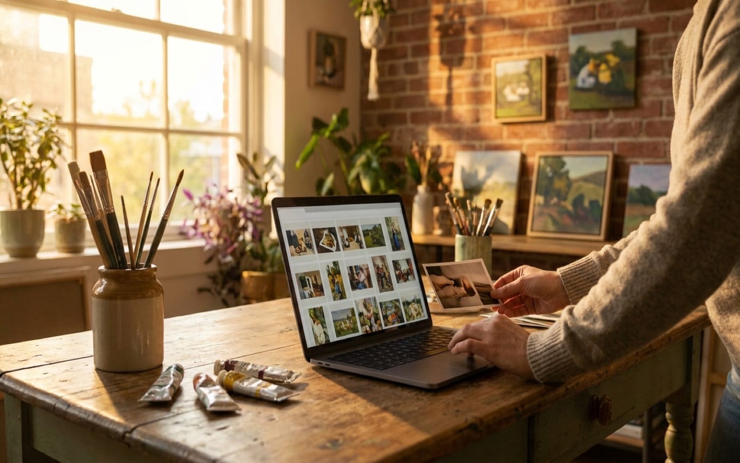 Artist preparing a submission at their studio workspace