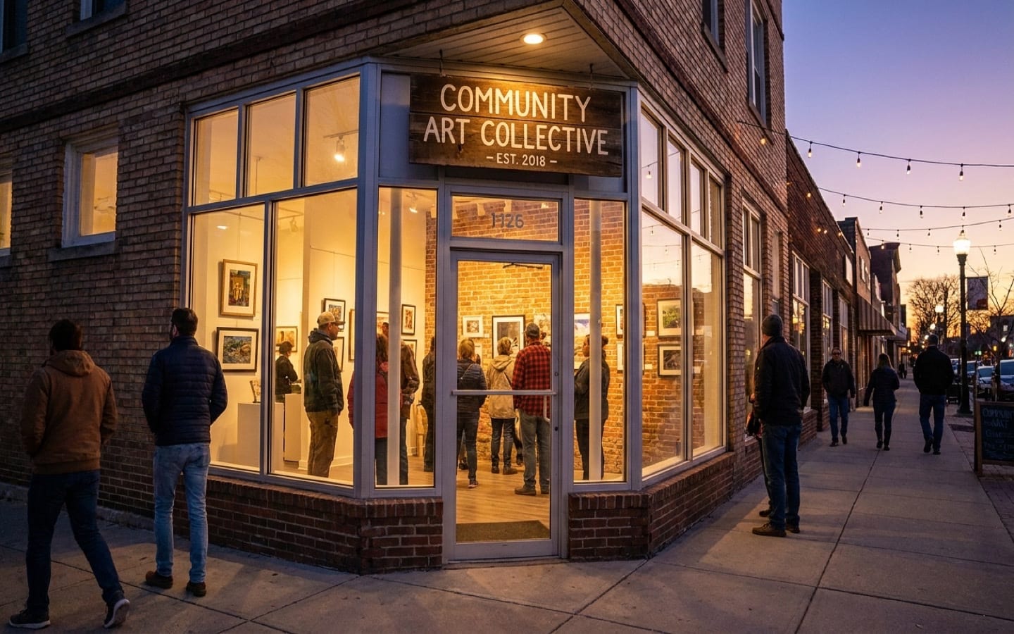 A charming gallery storefront at dusk with warm light spilling through windows