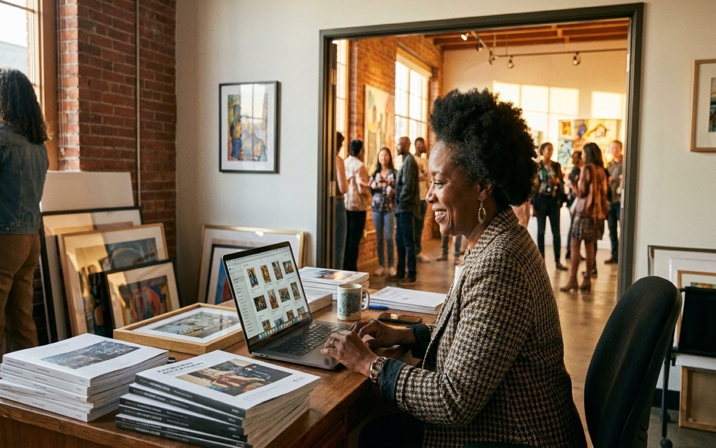 Gallery director at desk with laptop surrounded by exhibition catalogs