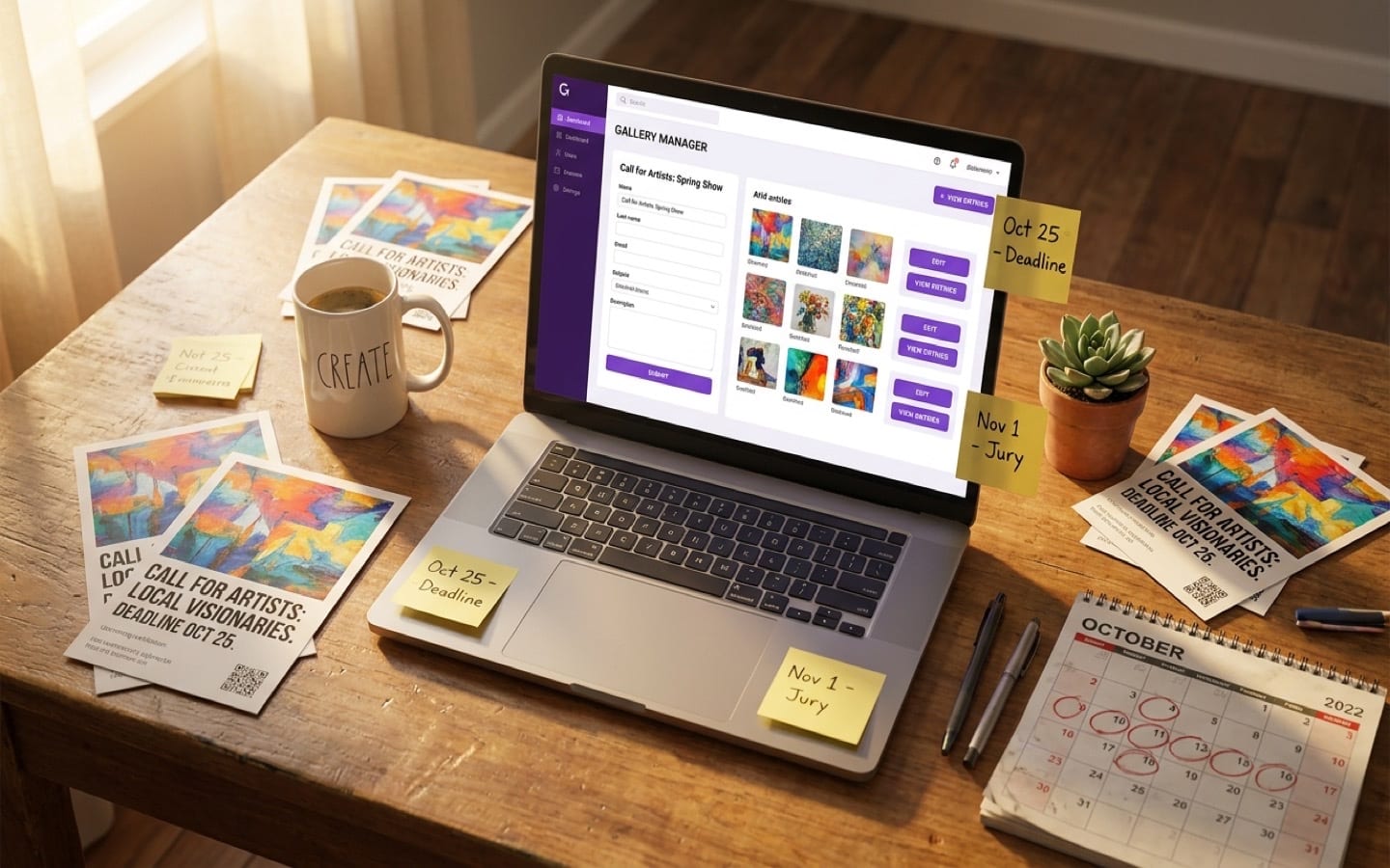 Gallery director's workspace with laptop and artist applications