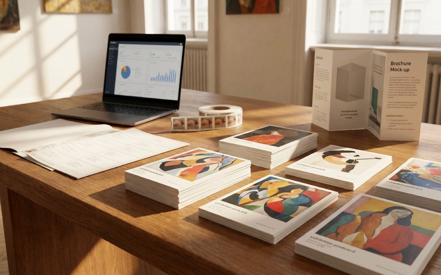 Gallery portfolio with hand-drawn charts, coffee, and exhibition catalog