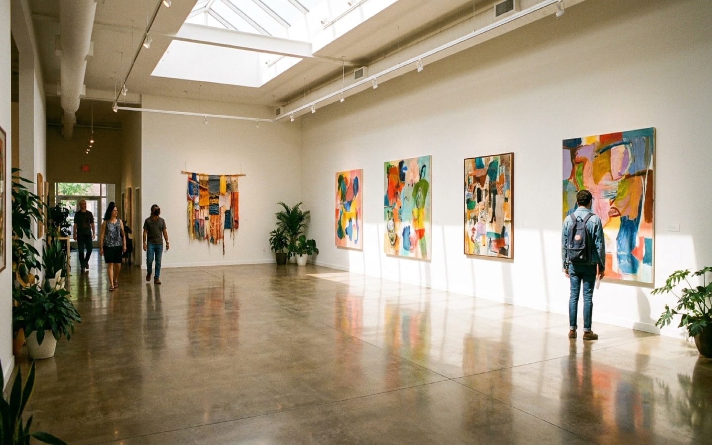 Community gallery opening reception with visitors and colorful artworks