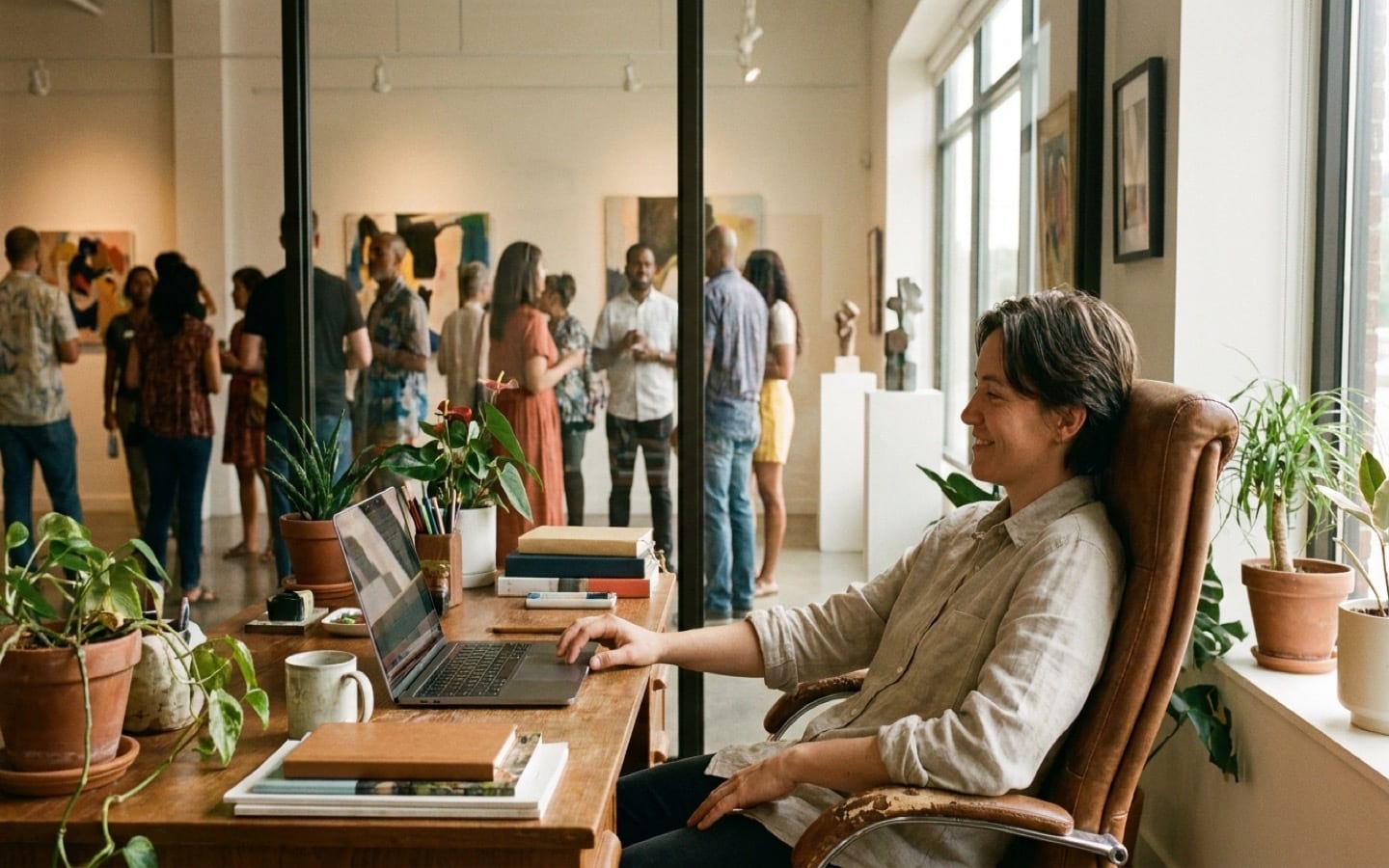 Gallery director at desk with laptop, gallery visible through glass partition