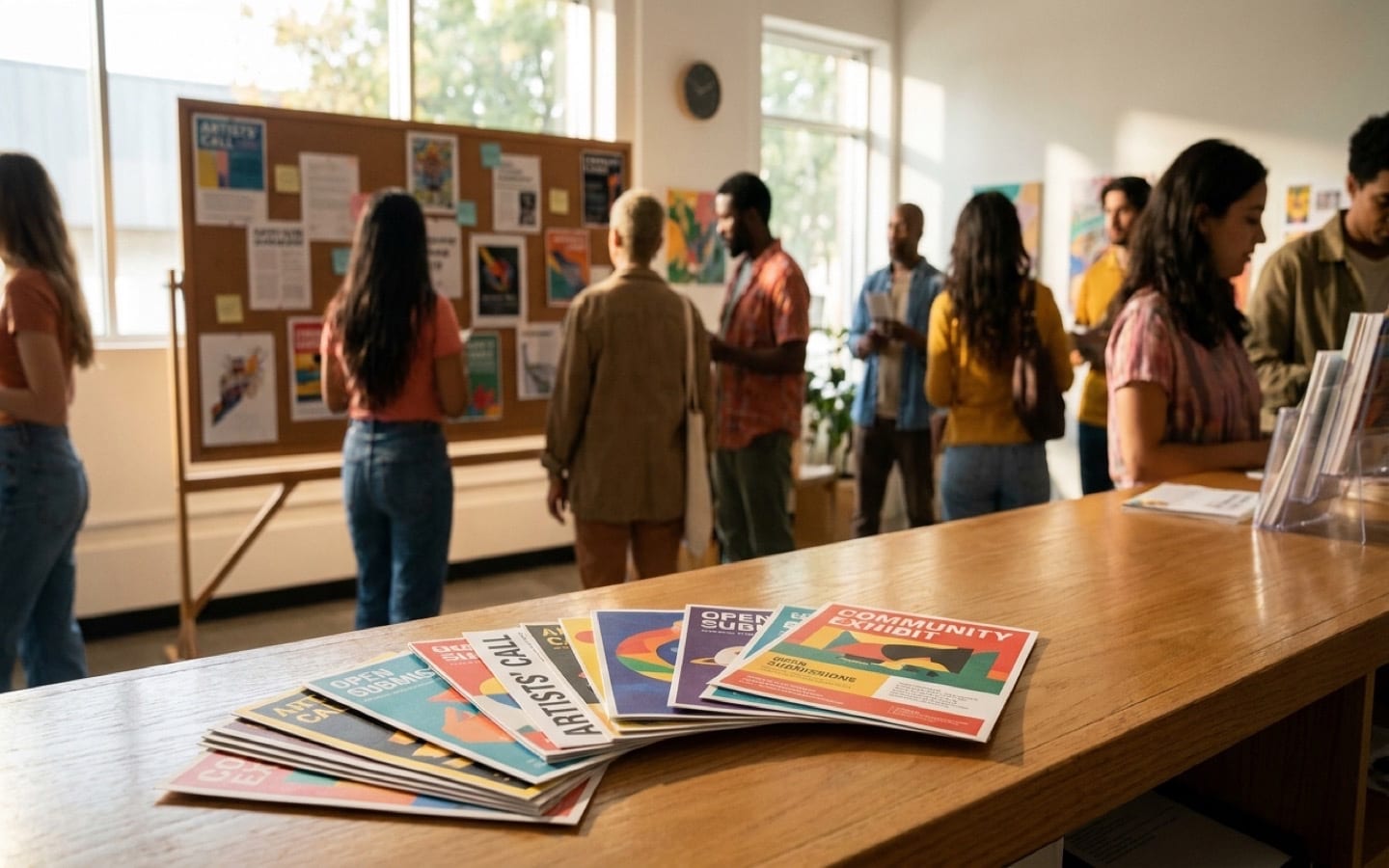 Colorful call-for-artists flyers fanned out on a gallery counter with diverse visitors