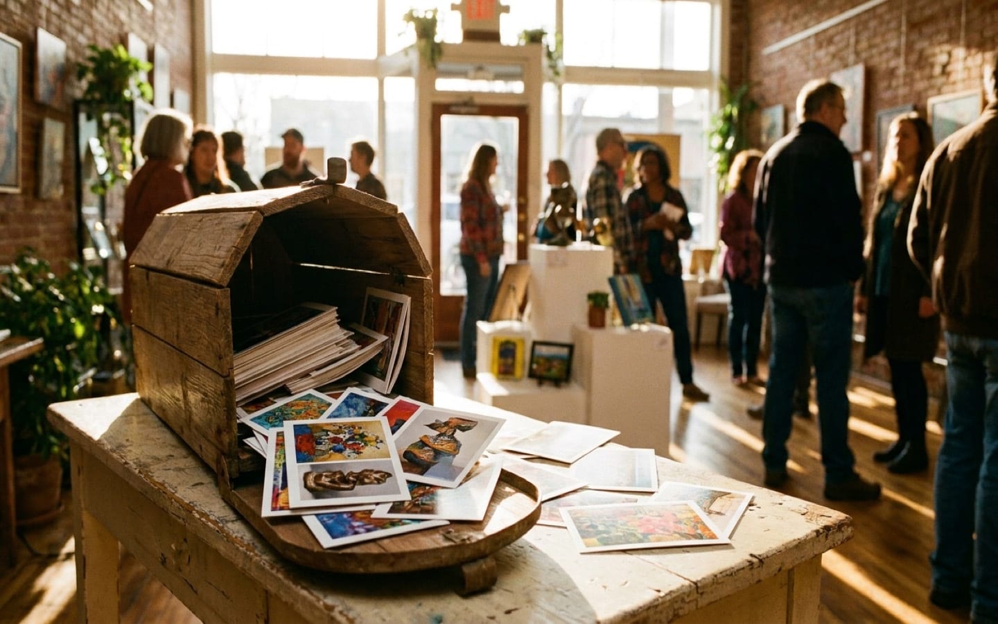 Rustic mailbox overflowing with colorful gallery art postcards