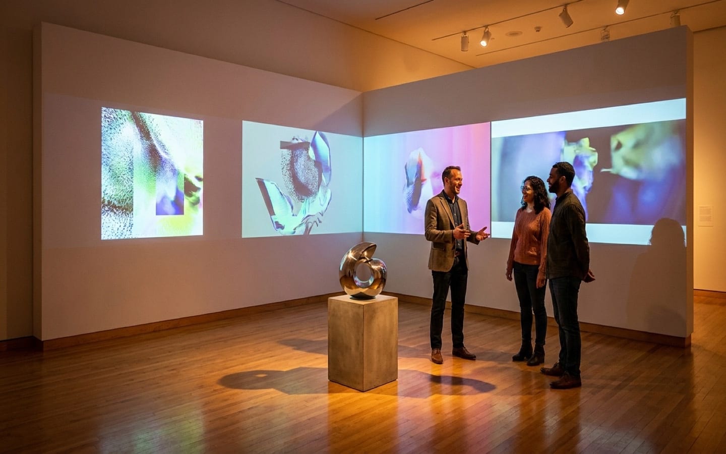 Contemporary gallery installation with projections, sculpture, and diverse visitors