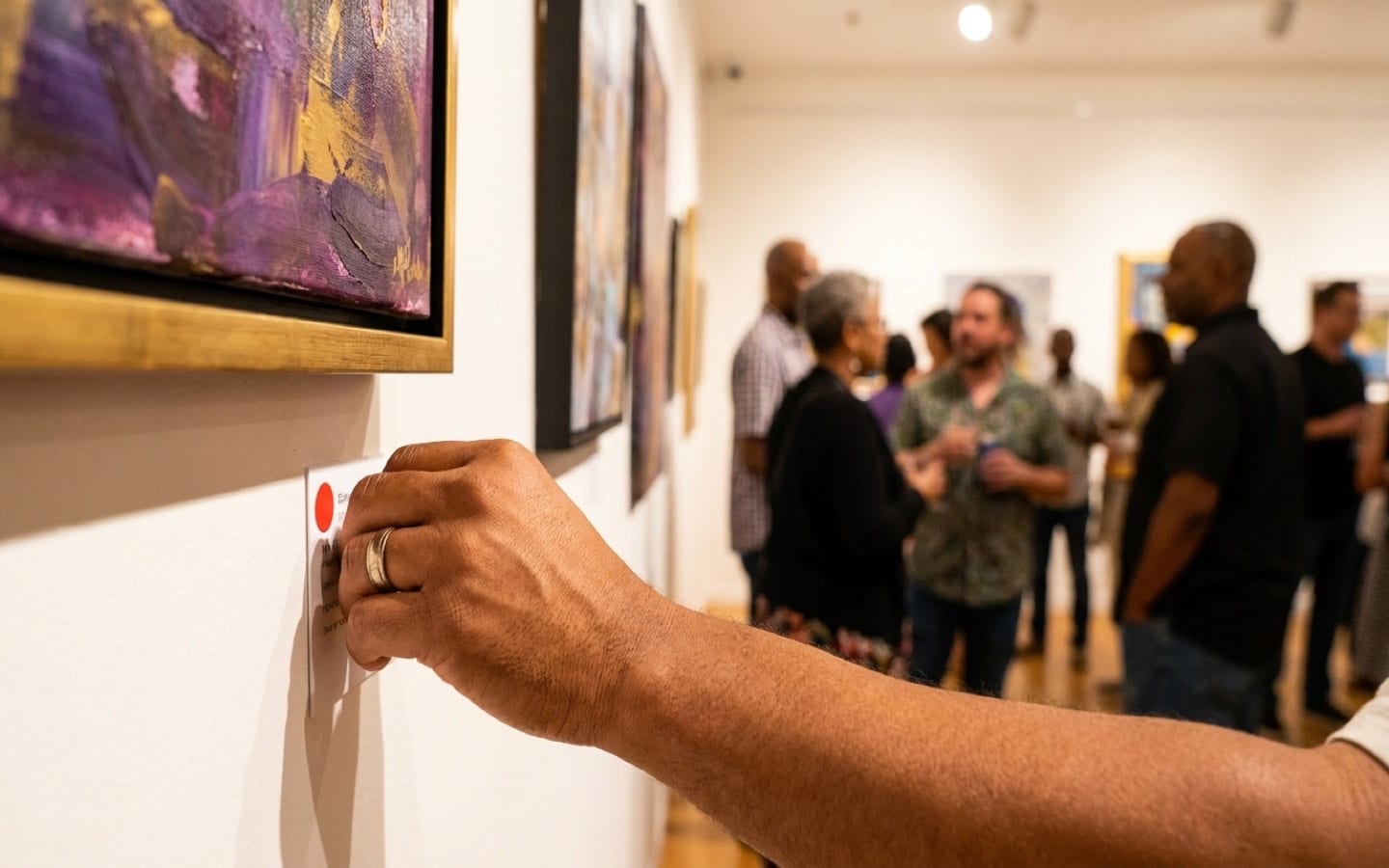 Hand placing a red sold dot on a gallery wall label next to a painting