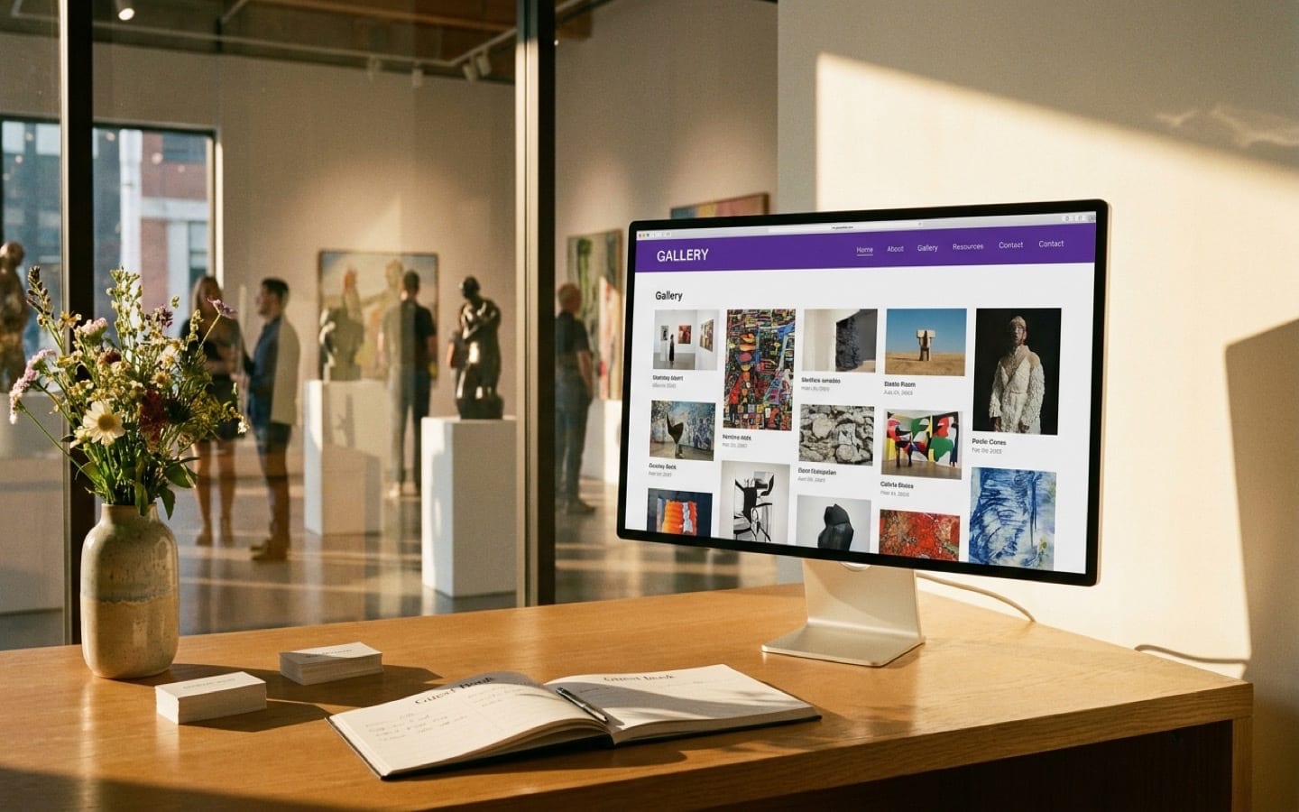 Gallery website displayed on a monitor at a front desk with the gallery visible through windows