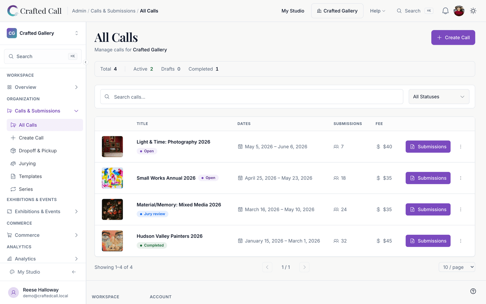 Crafted Call calls dashboard showing call statuses, submission counts, deadlines, and quick actions.