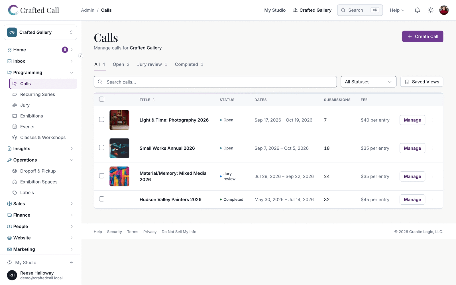 Crafted Call calls dashboard showing call statuses, submission counts, deadlines, and quick actions.